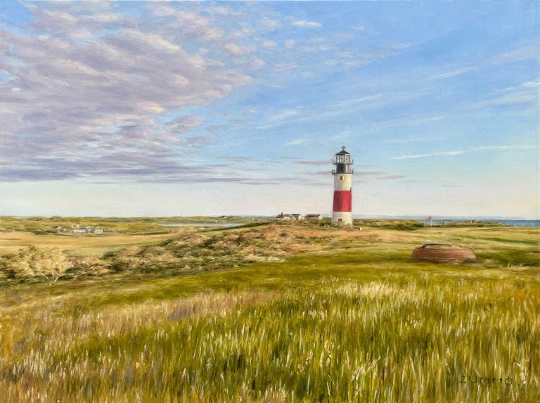 Sankaty Light at Sunset, 12 x 9 in Oil on Panel, Framed